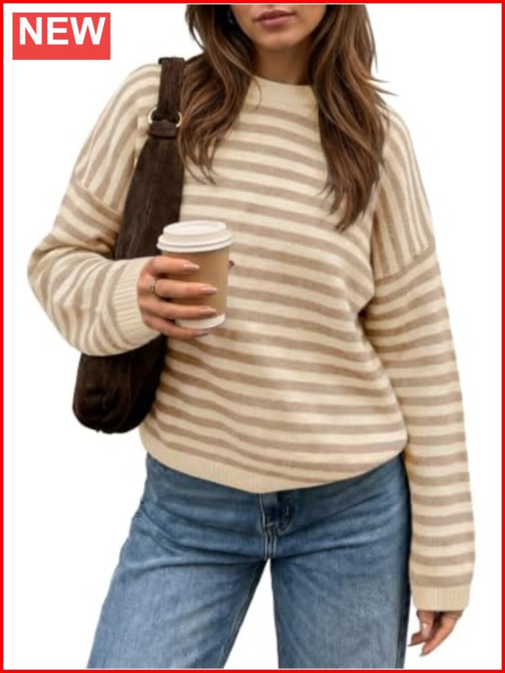 Womens Striped Oversized Crew Neck Pullover Sweater Soft Knit Long Sleeve